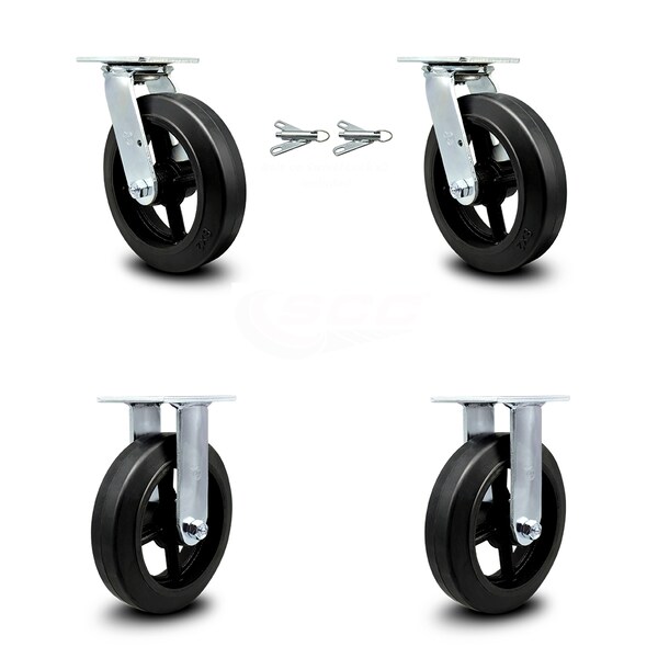 8 Inch Rubber on Steel Caster Set with Ball Bearings 2 Swivel Lock 2 Rigid SCC